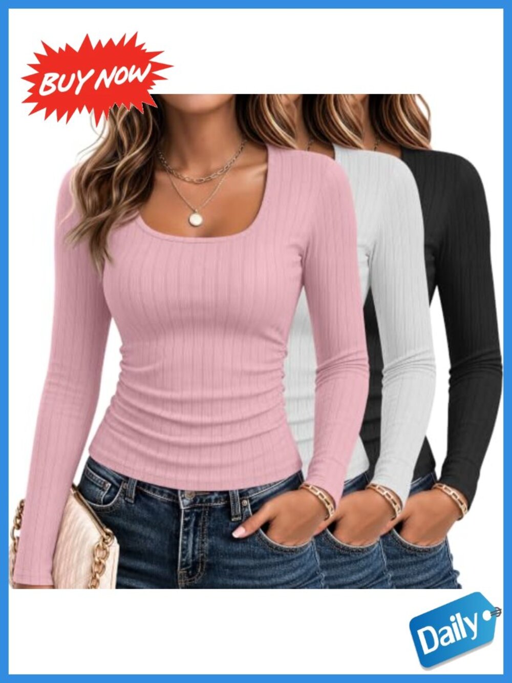 3 Pack Womens Long Sleeve Ribbed Tops Ruched Scoop Neck Slim Fit